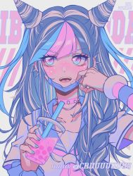 Rule 34 | 1girl, alternate hairstyle, artist name, blue hair, blue sailor collar, blush, braid, bubble tea, character name, collar, collarbone, criis-chan, cup, danganronpa (series), danganronpa 2: goodbye despair, disposable cup, ear piercing, grey eyes, hair horns, hand up, holding, holding cup, long hair, mask, mask pull, mioda ibuki, mouth mask, multicolored hair, piercing, pink collar, pink hair, sailor collar, scrunchie, short sleeves, sideways glance, solo, spiked collar, spikes, teeth, tongue piercing, upper body, upper teeth only, wrist scrunchie