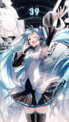 Rule 34 | 1girl, 39, ;d, absurdres, arm up, armpits, black skirt, black sleeves, black thighhighs, blue eyes, blue hair, blue necktie, breasts, commentary, detached sleeves, fang, hand up, hatsune miku, headphones, headset, highres, lengchan (fu626878068), long hair, long sleeves, medium breasts, necktie, one eye closed, open mouth, pleated skirt, shirt, skirt, sleeveless, sleeveless shirt, smile, solo, thighhighs, twintails, very long hair, vocaloid, white shirt, wide sleeves