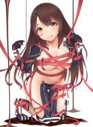 Rule 34 | absurdres, android, asymmetrical bangs, bound, breasts, brown hair, chocolate, chocolate on body, chocolate on breasts, chocolate on face, cleavage, food, food on body, food on face, gradient hair, happy valentine, highres, hololive, horns, indie virtual youtuber, kneeling, leaning forward, long hair, looking at viewer, mechanical arms, mechanical legs, medium breasts, multicolored hair, navel, nude, pelvic curtain, pink hair, pink ribbon, ribbon, ribbon bondage, roboco-san, single horn, skindentation, streaked hair, tefutefu (tefutefu u3), valentine, virtual youtuber, white background, yellow eyes