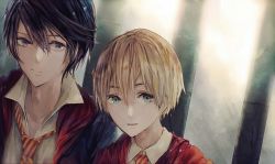 Rule 34 | 2boys, black hair, closed mouth, collar, harry potter (series), hogwarts school uniform, looking at viewer, male focus, multiple boys, necktie, parted lips, remus lupin, school uniform, short hair, sirius black, smile, striped necktie, striped neckwear, uniform, wing collar, wizarding world