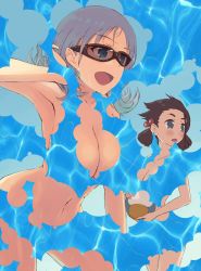 Rule 34 | 2girls, armpits, atago kinue, ball, beachball, blue background, blue eyes, blue hair, breasts, brown hair, bubble filter, cleavage, collarbone, glasses, gradient background, hair bobbles, hair ornament, highres, low twintails, multiple girls, navel, open mouth, saki, sketch, smile, taoru, twintails, ueshige suzu
