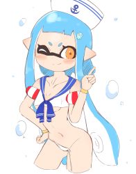 Rule 34 | 1girl, anchor symbol, bikini, blue hair, blush, bracelet, breasts, bubble, clothes, domino mask, female focus, hair ornament, hand on own hip, hat, headwear request, highres, inflatable armbands, inkling player character, jewelry, looking at viewer, mask, navel, nintendo, one eye closed, orange eyes, pointing, pointing up, pointy ears, sailor collar, sailor hat, side-tie bikini bottom, simple background, smile, solo, splatoon (series), squid, squid hair ornament, stomach, swimsuit, tentacle hair, tentacles, thighs, underboob, untied bikini, wanimaru, wardrobe malfunction, white background, white bikini, wink