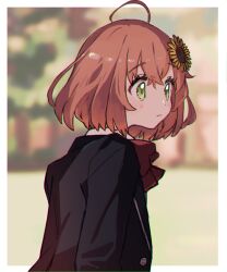 Rule 34 | 1girl, ahoge, arms at sides, black jacket, blurry, blush, border, bow, bowtie, chromatic aberration, closed mouth, day, dot nose, eyelashes, facing to the side, flower, frown, fxxk pote10, green eyes, hair between eyes, hair flower, hair ornament, hairclip, highres, honma himawari, jacket, light frown, looking afar, medium hair, neon trim, nijisanji, orange hair, outdoors, outside border, raised eyebrows, red bow, school uniform, shirt, solo, sunflower, sunflower hair ornament, tareme, tree, virtual youtuber, white border, white shirt