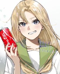 Rule 34 | 1girl, 7th stand user, blonde hair, blue eyes, can, coca-cola, commentary, commission, drink can, english commentary, female protagonist (7th stand user), gradient background, green sailor collar, grey background, grin, highres, jojo no kimyou na bouken, long hair, looking at viewer, neckerchief, sailor collar, school uniform, serafuku, shirt, short sleeves, simple background, skeb commission, smile, soda can, solo, sparkle, squeans, upper body, white background, white shirt, yellow neckerchief, yoi okayu