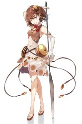 Rule 34 | 1girl, arm behind head, brown hair, butter knife, clothing cutout, dress, elbow gloves, falsehood, food, full body, gloves, grin, hair ornament, highres, looking at viewer, morinaga (brand), navel, navel cutout, original, oversized object, pancake, polearm, red eyes, short hair, simple background, sleeveless, sleeveless dress, slippers, smile, solo, standing, weapon, white background