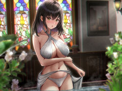 Rule 34 | 1girl, absurdres, bare arms, bare shoulders, bikini, black hair, blush, breasts, cleavage, collarbone, commentary request, cowboy shot, flower, highres, indoors, large breasts, looking at viewer, medium hair, navel, nori chazuke, original, parted lips, partially submerged, plant, solo, swimsuit, water, wet, white bikini, yellow eyes