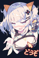 Rule 34 | 1girl, alcohol, arrow (symbol), artist name, beer, beer can, black background, blue eyes, blush, breasts, bust cup, can, cleavage, cleavage cutout, clothing cutout, cropped torso, drink can, fang, hair ornament, hairclip, highres, holding, holding can, kaguya luna, large breasts, litsvn, long hair, looking at viewer, nose blush, open mouth, product placement, silver hair, simple background, sleeveless, smile, solo, strong zero, the moon studio, twintails, upper body, virtual youtuber