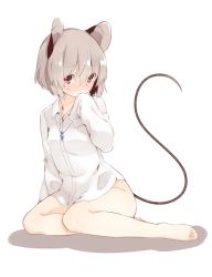 Rule 34 | 1girl, akagashi hagane, alternate costume, animal ears, bad id, bad pixiv id, barefoot, blush, bottomless, dress shirt, embarrassed, full-face blush, full body, grey hair, hand on own face, hand to own mouth, jewelry, long sleeves, mouse ears, mouse tail, naked shirt, nazrin, necklace, nose blush, pendant, red eyes, shirt, short hair, simple background, sitting, sleeves past wrists, solo, sweatdrop, tail, touhou, white background, white shirt, yokozuwari