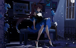 Rule 34 | 1girl, alternate costume, amiya (arknights), animal ears, arknights, black dress, blue bow, blue butterfly, blue collar, blue dress, blue eyes, blue flower, blue footwear, blue rose, bow, brown hair, bug, butterfly, clear regulus, collar, commentary, dress, falling petals, floating hair, flower, full body, full moon, green butterfly, hair between eyes, high heels, indoors, insect, insect collection, instrument, jewelry, leaf, long hair, looking at viewer, moon, off-shoulder dress, off shoulder, parted lips, petals, piano, piano bench, ponytail, rabbit ears, ring, rose, sitting, solo, spaghetti strap, two-tone dress, very long hair, window