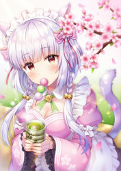 Rule 34 | 1girl, animal ears, apron, blush, braid, breasts, cat ears, cat girl, cat tail, cherry blossoms, cleavage, commentary request, dango, dress, flower, food, food in mouth, frilled apron, frilled sleeves, frills, hair between eyes, hair over shoulder, hanami, long hair, long sleeves, looking at viewer, maid headdress, medium breasts, original, petals, pink dress, pink flower, purple hair, red eyes, sanshoku dango, solo, suzumia (daydream), tail, tail raised, twin braids, upper body, wagashi, white apron, wide sleeves