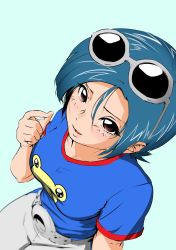 Rule 34 | 1girl, animal print, belt, blue hair, blue shirt, blush, eyewear on head, frog print, from above, highres, looking at viewer, mahha warabi, may lee, shirt, short hair, solo, the king of fighters