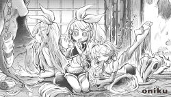 Rule 34 | 3girls, absurdly long hair, alternate hair length, alternate hairstyle, bags under eyes, barefoot, bone, bow, cropped shirt, detached sleeves, eating, feet up, food, fusuma, hair bow, hair ornament, hairclip, half-closed eyes, hanging food, headphones, highres, holding, holding food, kagamine rin, kagamine rin (append), kneeling, leg warmers, long hair, looking at viewer, lying, meat, midriff, multiple girls, multiple persona, navel, neckerchief, nude, number tattoo, on floor, on stomach, ribs, ringed eyes, romaji text, sailor collar, sausage, see-through, see-through legwear, see-through sleeves, shirt, shoes, short hair, short shorts, shorts, shouji, shoulder tattoo, sleeveless, sleeveless shirt, sliding doors, tatami, tattoo, tokita (jyabarachan), torn paper, translation request, very long hair, vocaloid, vocaloid append