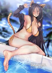 Rule 34 | 1girl, animal ears, arm up, armpits, barefoot, bikini, black hair, black jacket, blue sky, blurry, blurry background, breasts, cleavage, closed mouth, cloud, cloudy sky, collarbone, comiket 97, full body, jacket, large breasts, long hair, long sleeves, looking at viewer, open clothes, open jacket, orange bikini, original, palm tree, pink eyes, pool, poolside, rib:y(uhki), sky, smile, soles, solo, string bikini, swimsuit, tail, tiger ears, tiger girl, tiger tail, toes, tongue, tongue out, tree, w, water