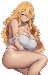 Rule 34 | 1girl, absurdres, bare arms, bare legs, bare shoulders, blue eyes, blush, breasts, cleavage, closed mouth, commentary request, dark-skinned female, dark skin, hair between eyes, hand on own arm, highres, huge breasts, long hair, looking at viewer, one eye closed, orange hair, original, panties, simple background, smile, solo, suruga (xsurugax), thighs, underwear, white background, white panties