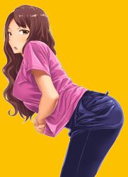 Rule 34 | 1girl, :o, ass, bad id, bad pixiv id, breasts, brown eyes, brown hair, denim, jeans, long hair, looking at viewer, looking to the side, neri sachiko, open mouth, original, pants, revision, shirt, simple background, solo, t-shirt, thighs, yellow background