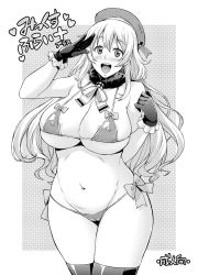 Rule 34 | 10s, 1girl, :d, areola slip, atago (kancolle), beret, bikini, blush, bow, bow bikini, breasts, cameltoe, cleavage, cleft of venus, covered erect nipples, curvy, gloves, greyscale, hat, huge breasts, kantai collection, long hair, looking at viewer, micro bikini, monochrome, navel, open mouth, salute, smile, solo, swimsuit, takurou, thick thighs, thighhighs, thighs, translation request, wide hips