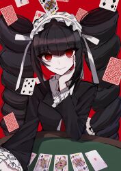 Rule 34 | 1girl, absurdres, black hair, black jacket, card, celestia ludenberg, danganronpa: trigger happy havoc, danganronpa (series), drill hair, frills, gothic lolita, headdress, highres, jacket, lolita fashion, long hair, necktie, playing card, red background, red eyes, shion 343, smile, solo, table, twin drills, twintails