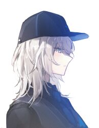 Rule 34 | 1girl, althea jade, baseball cap, black hat, black shirt, black vest, blue eyes, blue necktie, closed mouth, collared shirt, faust (project moon), from side, hashtag-only commentary, hat, highres, limbus company, looking ahead, medium hair, necktie, portrait, profile, project moon, shirt, simple background, solo, vest, white background