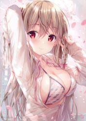 Rule 34 | 1girl, absurdres, arm up, bikini, blurry, braid, breasts, brown hair, buttons, cleavage, collarbone, collared shirt, depth of field, hair between eyes, hair ribbon, hand up, highres, large breasts, long hair, long sleeves, looking at viewer, maeda shiori, neck ribbon, open clothes, open shirt, original, petals, pink ribbon, red eyes, ribbon, scan, shirt, smile, solo, sousouman, string bikini, swimsuit, upper body, white bikini, white shirt