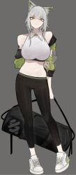 Rule 34 | 1girl, alternate costume, animal ear fluff, animal ears, arknights, arms behind back, artist name, bag, bare shoulders, breasts, cat ears, closed mouth, collared shirt, crop top, duffel bag, green eyes, grey background, grey hair, highres, holding, holding bag, kal&#039;tsit (arknights), large breasts, looking at viewer, midriff, navel, nuggetkouhai, shirt, shoes, short hair, sneakers, solo, standing, white shirt