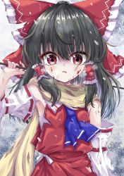 Rule 34 | 1girl, absurdres, angry, ascot, black hair, blood, blood on face, blue ascot, bow, brown eyes, hair between eyes, hair bow, hair tubes, hakurei reimu, highres, holding, japanese clothes, kayon (touzoku), medium hair, nontraditional miko, open mouth, red bow, ribbon-trimmed sleeves, ribbon trim, scarf, sidelocks, solo, touhou, upper body, wide sleeves, yellow scarf