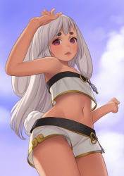 Rule 34 | 1girl, animal ears, backlighting, bandeau, bare shoulders, belt, blade &amp; soul, cloud, cowboy shot, cristalavi, day, from below, gold trim, highres, lips, looking at viewer, lyn (blade &amp; soul), midriff, navel, no bra, no panties, original, outdoors, purple eyes, rabbit ears, rabbit girl, rabbit tail, short eyebrows, shorts, sky, solo, strapless, tail, tube top, upshirt, upshorts, white hair