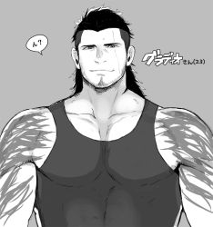 Rule 34 | 1boy, bara, bare shoulders, black hair, black tank top, facial hair, final fantasy, final fantasy xv, gladiolus amicitia, greyscale, large pectorals, long hair, looking at viewer, male focus, manly, monochrome, muscular, nabana (bnnbnn), pectorals, scar, scar on face, shoulder tattoo, solo, stubble, tank top, tattoo, translation request