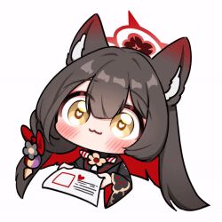 Rule 34 | :3, animal ears, animated, animated gif, black hair, blue archive, eyeliner, fox ears, halo, heart, heart-shaped pupils, holding, holding paper, makeup, multicolored hair, open mouth, paper, red hair, symbol-shaped pupils, wakamo (blue archive), yellow eyes