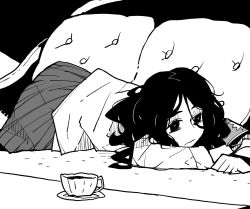 Rule 34 | 1girl, armband, commentary request, couch, cup, dowman sayman, greyscale, highres, long hair, long sleeves, lying, messy hair, monochrome, on stomach, pieck finger, saucer, shingeki no kyojin, shirt, skirt, solo, teacup
