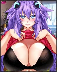 Rule 34 | 1girl, absurdres, black bra, blue eyes, blush, bra, braid, breasts, cleavage, clothes lift, female focus, hair ornament, highres, huge breasts, looking at viewer, neptune (neptunia), neptune (series), nyamota, pov, power symbol, purple hair, purple heart (neptunia), recording, shiny clothes, shiny skin, shirt, shirt lift, solo, symbol-shaped pupils, twin braids, underwear, upper body, white bra