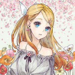 Rule 34 | 1girl, aged up, bare shoulders, blonde hair, bow, cherry blossoms, collarbone, commentary, earrings, falling petals, floral background, flower, flower earrings, flower necklace, flower request, frilled shirt, frills, grey shirt, hair bow, hair ornament, hairclip, highres, jewelry, kagamine rin, long hair, looking at viewer, necklace, open mouth, orange flower, petals, pink flower, red flower, shirt, solo, strapless, strapless shirt, swept bangs, upper body, vocaloid, white bow, white flower, whiteskyash, yellow flower