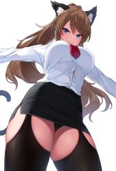 Rule 34 | 1girl, :3, absurdres, animal ear fluff, animal ears, black panties, black thighhighs, blue eyes, blush, breasts, brown hair, button gap, cat ears, cat girl, cat tail, commission, dress shirt, from below, garter straps, highres, large breasts, long hair, looking at viewer, miniskirt, necktie, original, outstretched arms, panties, pencil skirt, ponytail, shirt, side slit, simple background, skeb commission, skindentation, skirt, smile, solo, spread arms, suruga (xsurugax), tail, thighhighs, underwear, very long hair, white background