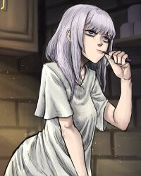 Rule 34 | 1girl, absurdres, black clover, brushing teeth, cupboard, grey hair, highres, holding, holding toothbrush, indoors, light particles, limn044, morning, noelle silva, purple eyes, shirt, solo, t-shirt, toothbrush, white shirt