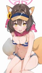 Rule 34 | 1girl, absurdres, animal ears, bikini, black hair, blue archive, blue shorts, blush, breasts, brown hair, cleavage, denim, denim shorts, fang, flower, fox ears, fox tail, hair flower, hair ornament, halo, highres, izuna (blue archive), izuna (swimsuit) (blue archive), medium breasts, micro shorts, navel, official alternate costume, open mouth, pink halo, pisuta (yamashiro), short hair, short shorts, shorts, simple background, sitting, sketch, small breasts, smile, solo, striped bikini, striped clothes, sunflower, sunflower hair ornament, sweat, swimsuit, tail, visor cap, white background, yellow eyes