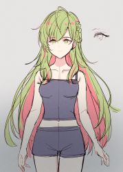 Rule 34 | 1girl, bare arms, bare shoulders, black camisole, black shorts, braid, breasts, camisole, closed mouth, green eyes, green hair, grey background, hair between eyes, highres, long hair, looking at viewer, meito (maze), midriff, morinaka kazaki, multicolored hair, navel, nijisanji, red hair, short shorts, shorts, simple background, small breasts, solo, standing, thigh gap, two-tone hair, very long hair, virtual youtuber