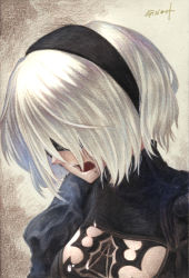 Rule 34 | black dress, blindfold, cleavage cutout, clothing cutout, commentary, crying, dress, hairband, highres, millipen (medium), mole, mole under mouth, nier (series), nier:automata, open mouth, sad, signature, sobbing, solo, tears, tesun (g noh), traditional media, upper body, watercolor pencil (medium), white hair, 2b (nier:automata)