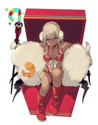 Rule 34 | 1girl, altera (fate), altera the santa (fate), blush, bodypaint, boots, box, breasts, cane, collarbone, covered erect nipples, dark-skinned female, dark skin, earmuffs, fate/grand order, fate (series), gift, gift box, highres, imigimuru, looking at viewer, mittens, navel, red eyes, revealing clothes, sheep, skindentation, small breasts, solo, veil, white hair