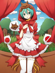 Rule 34 | &gt; &lt;, 1girl, :o, animal, animal on head, apron, aqua eyes, aqua hair, arm behind back, blush, bow, closed eyes, cosplay, cowboy shot, curtains, day, dress, frilled dress, frills, grass, hair between eyes, hatsune miku, highres, hood, little red riding hood, little red riding hood (grimm), little red riding hood (grimm) (cosplay), looking at viewer, md5 mismatch, on head, open mouth, project diva (series), project diva 2nd, red dress, resolution mismatch, ribbon-trimmed clothes, ribbon-trimmed headwear, ribbon-trimmed legwear, ribbon trim, short hair, short sleeves, sky, solo, source smaller, standing, sudachi (calendar), theater, thighhighs, tree, vocaloid, white thighhighs, wrist cuffs