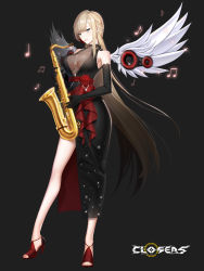 Rule 34 | 1girl, arm up, black gloves, black thighhighs, blonde hair, blue eyes, breasts, closers, floating hair, full body, gloves, harpy (closers), highres, instrument, long hair, miniskirt, official art, saxophone, simple background, skirt, solo, thighhighs, wings, zettai ryouiki