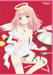 Rule 34 | 1boy, angel, apron, artist request, blue eyes, blush, chocolate, chocolate on body, chocolate on penis, erection, food on body, halo, highres, long hair, looking at viewer, male focus, nipples, original, penis, pink hair, red background, solo, testicles, trap, wings