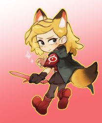 Rule 34 | 1girl, amphibia, animal ears, armor, black cape, black gloves, black skirt, blonde hair, boots, breastplate, cape, chibi, closed mouth, fox ears, fox girl, fox tail, gloves, holding, holding sword, holding weapon, jocy3, looking back, monster girl, ponytail, red armor, red footwear, sasha waybright, single glove, skirt, smile, sword, tail, weapon, yellow fur