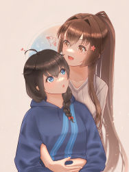 Rule 34 | 2girls, ahoge, black hair, blue eyes, blue sweater, braid, brown eyes, brown hair, brown sweater, cherry blossoms, commentary request, hair flaps, hair intakes, highres, hood, hooded sweater, hoodie, hug, hug from behind, kantai collection, long hair, multiple girls, official alternate costume, ponytail, ribbed sweater, shigure (kancolle), shigure kai ni (kancolle), single braid, snosnow, sweater, upper body, yamato (kancolle)