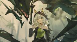 Rule 34 | 1girl, arknights, bare shoulders, blurry, blurry background, breasts, closed mouth, collarbone, commentary request, depth of field, dress, ears through headwear, eyebrows hidden by hair, green eyes, hand in own hair, hand up, highres, kal&#039;tsit (arknights), long hair, long sleeves, looking at viewer, medium breasts, mon3tr (arknights), monster, off-shoulder dress, off shoulder, reset, silver hair, two-tone dress, upper body, veil