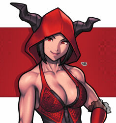 Rule 34 | 1girl, alternate eye color, black hair, black horns, breasts, bustier, cleavage, collarbone, commentary, detached hood, english commentary, frilled gloves, frills, gloves, han juri, highres, horns, horns through hood, large breasts, lips, looking at viewer, muscular, muscular female, official alternate costume, red eyes, red gloves, red hood, short hair, skull print, sleeveless, smile, solo, street fighter, street fighter v, upper body, vj99
