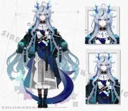 Rule 34 | 1girl, absurdres, ahoge, belt, black footwear, black jacket, blue eyes, blue hair, boots, breasts, character name, dragon girl, dragon horns, dragon tail, dress, earrings, eastern dragon horns, english text, full body, grey hair, heterochromia, highres, horns, jacket, jewelry, long hair, long sleeves, looking at viewer, medium breasts, multicolored hair, multiple views, necklace, off shoulder, open clothes, open jacket, original, pointy ears, sample watermark, streaked hair, tail, very long hair, watermark, zhijing niao