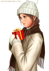 Rule 34 | 1girl, beanie, brown eyes, brown hair, brown scarf, from side, gift, hat, holding, holding gift, jacket, long hair, mittens, ryu (ryu&#039;s form site), scarf, simple background, solo, upper body, white background, white mittens