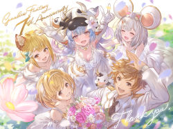 1boy, 4girls, animal ears, artist request, bare shoulders, blonde hair, blush, bouquet, bow, breasts, brown eyes, brown hair, cleavage, cow, cow ears, detached sleeves, djeeta (granblue fantasy), dog ears, draph, dress, earrings, erune, eyebrows, fang, flower, formal, gloves, gran (granblue fantasy), granblue fantasy, grin, hair bow, hair flower, hair ornament, hairclip, highres, horns, jewelry, large breasts, long hair, looking at viewer, mouse ears, multiple girls, open mouth, red eyes, salute, shatola (granblue fantasy), short hair, silver eyes, smile, suit, vajra (granblue fantasy), vikala (granblue fantasy), white dress, white gloves, white suit