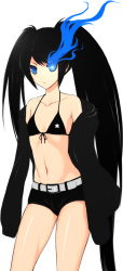 Rule 34 | 10s, 1girl, bad id, bad pixiv id, bare shoulders, belt, bikini, bikini top only, black bikini, black hair, black rock shooter, black rock shooter (character), blue eyes, coat, front-tie top, glowing, glowing eyes, highres, lang (chikage36), midriff, off shoulder, parted lips, scar, short shorts, shorts, simple background, solo, swimsuit, white background