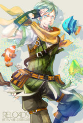 Rule 34 | 1boy, bad id, bad pixiv id, belt, black gloves, black pants, brown belt, clownfish, commentary request, dated, feet out of frame, fingerless gloves, fish, gloves, green eyes, green hair, green vest, grin, looking at viewer, male focus, mouth hold, official alternate costume, pants, pouch, ragnarok online, ranger (ragnarok online), reload9 yohji, salute, scarf, shirt, short hair, signature, smile, solo, vest, water, watermark, web address, white shirt, white vest, yellow scarf