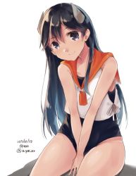 Rule 34 | 1girl, black hair, black one-piece swimsuit, blouse, blush, closed mouth, hair between eyes, headgear, i-400 (kancolle), kantai collection, long hair, looking at viewer, one-hour drawing challenge, one-piece swimsuit, orange sailor collar, sailor collar, school swimsuit, shirt, simple background, sitting, sleeveless, sleeveless shirt, smile, solo, swimsuit, swimsuit under clothes, twitter username, u yuz xx, white shirt
